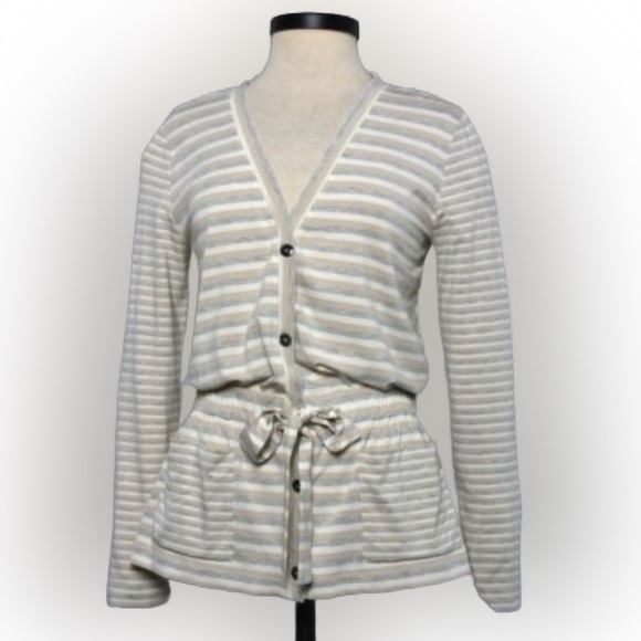 St John Knit Jersey Cardigan Ivory, Light grey, Tan Striped Small NWOT MSRP $495 - Picture 1 of 10